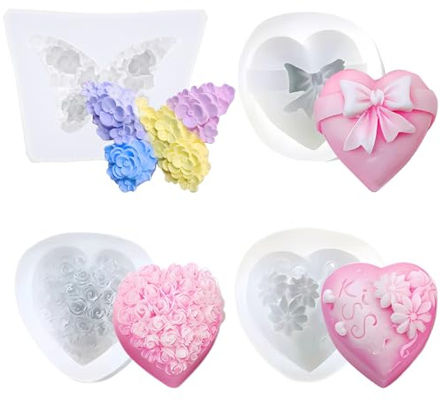 Lashua Silikonformen, 4 Stück Gießformen Silikon, Rose, Herz, Blume, Schmetterling, Silicone Mold für Kuchen, Seifen, Kerzen und Pudding, Flexibel, Hochpräzise