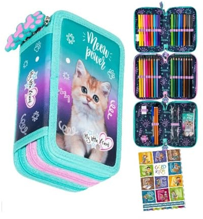 Goldkids - Federmäppchen 3 Fächer - Mäppchen für Mädchen und Jungen - Federmappe 3-Fach Federtasche 44-teilig Gefüllte Schüleretui Hausaufgabenheft- Katze Motiv