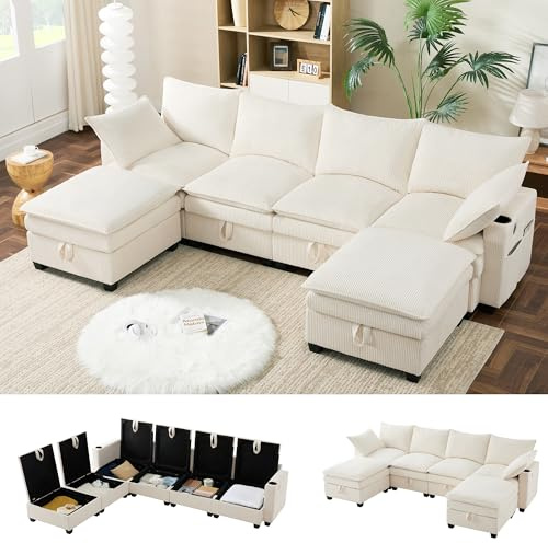 Bladez Modulares Schlafsofa U-Form Ecksofa mit Schlaffunktion und Fußstütze, mit USB-Anschlüssen, Stauraum, Getränkehaltern, L-förmiges Cord-Sofa Polstersofa Couchs 4-Sitzer (Beige)