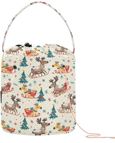 GuoChe Weihnachtliche Elch-Cartoon-Häkeltasche mit Garn, tragbare Nadel-Aufbewahrung für Stricknadeln, Strickprojekte