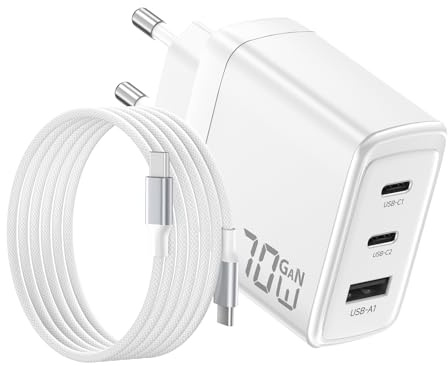 Cargador USB C 70W, Carga Ultra Rápida 3 Puertos PD3.0 PPS GaNII | con Cable Trenzado 2M, Compatible para MacBook Pro/Air, para iPhone 17/16/15, para Galaxy S26/25,para iPad, Pixel