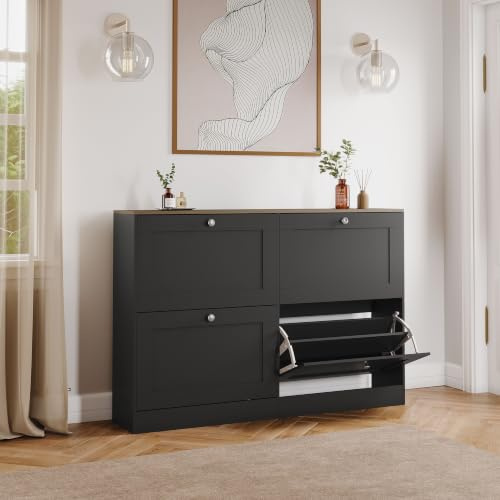Vida Designs Altino 4 Drawer Shoe Cabinet | Black & Oak | Space-Saving Storage for 20+ Pairs | 80H x 105W x 23.5D cm | Anti-Tip | Modern Hallway Unit