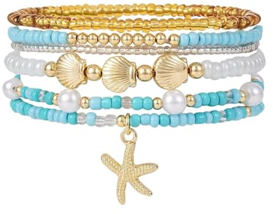 EKKONG 5 Stück Seesterne Muscheln Perlen Armband, Sommer Strand Armbänder für Damen, Boho Surferarmband Set, Stapelbar Schmuck Zubehör, Accessoires für Frauen Mädchen Beach Party Urlaub Geschenke