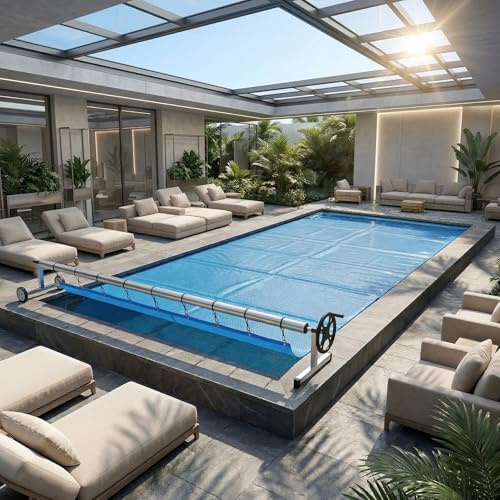 YRHome Cubierta de piscina sistema enrollable, ajustable 3-5,7 m, apto para tubos de piscina de 7,6/8,1 cm, aluminio con manivela y ruedas, robusta