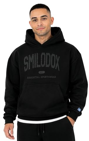 SMILODOX Hoodie Herren Oswin, Oversized Fit Kapuzenpullover mit Frontprint & gesticktem Patch, Tunnelzug-Kapuze, Sweater mit Kängurutasche, Rippbündchen, weiches Sweatmaterial, lässiger Look