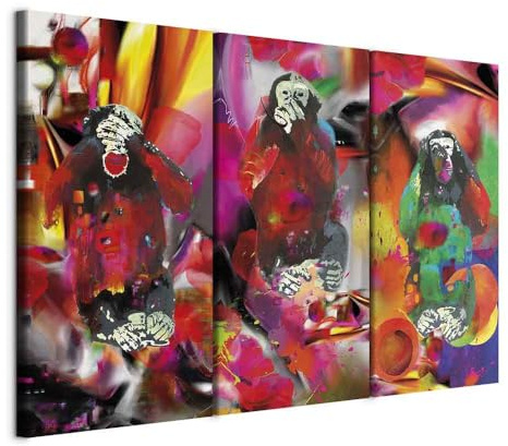 B&D XXL - Leinwandbild Tiere Affen bunt, 135x90 cm, 3-teilig, Schlafzimmer | Hochwertige Leinwand, sofort aufhängbar, ideal fürs Wohn- oder Schlafzimmer, wasserfest und lichtecht, langlebig, stilvoll