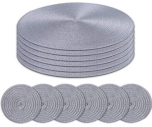 Homcomodar Round Placemats and Coasters Set of 6 Braided Woven Table Place Mats for Dining Table(Grey)