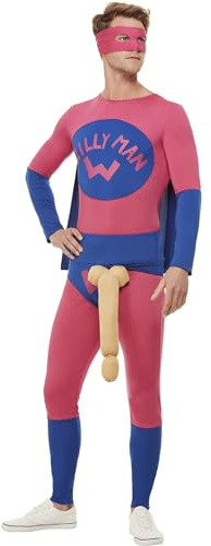 Smiffys Willyman Superhero Costume, Pink & Blue with Bodysuit, Eyemask & Overpants, Funny Fancy Dress, Adult Dress Up Costumes