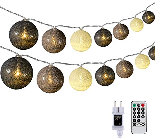DeepDream Baumwollkugeln Lichterkette, 5M 20 LED Dimmbar Cotton Ball Lichterkette, LED Kugeln Lichterkette Innen mit Fernbedienung und Timer für Kinderzimmer Weihnachten Hochzeit Party (Grau)