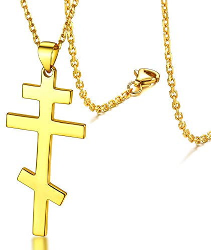FaithHeart vergoldeter Orthodox Kreuz Anhänger Russisch Orthodoxe Kreuzkette für Herren Jungen Religiöser Amulett Schmuck für Geburtstag Weihnachten