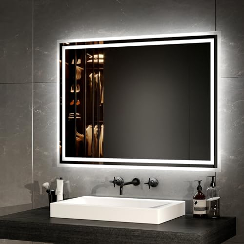 EMKE LED Badspiegel 80x60cm LED Wandspiegel mit Beleuchtung Warmweißes Licht und Kaltesweißes Licht Badspiegel Mit beschlagfrei+Taste