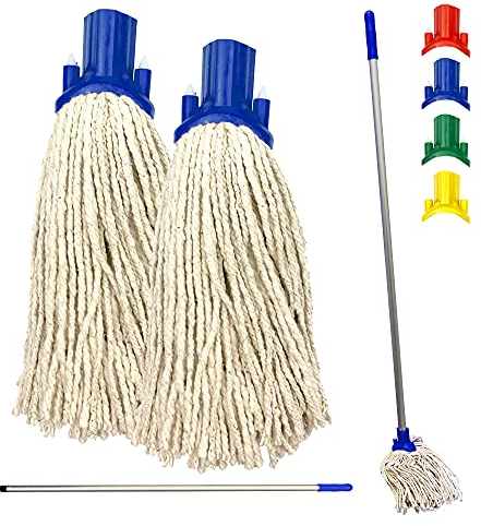 Colour Coded Floor Mop Set – 120cm Long Aluminium Mop Handle and Pack of 2 String Mop Heads Replacement for Domestic and Commercial Cleaning (Blue)