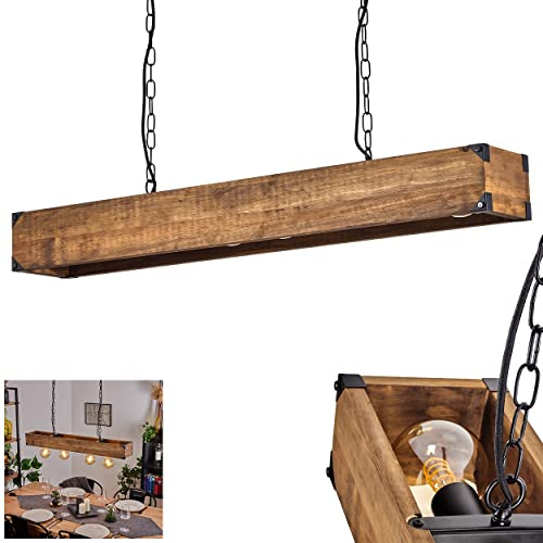 HOFSTEIN Pendelleuchte Olomouc, Hängelampe aus Metall/Holz Schwarz/Natur, Hängeleuchte mit Holzstab, Ketten-Gliedern u. verstellbaren Leuchtenschirmen, Höhe max. 119 cm, 4-flammig, 4 x E27