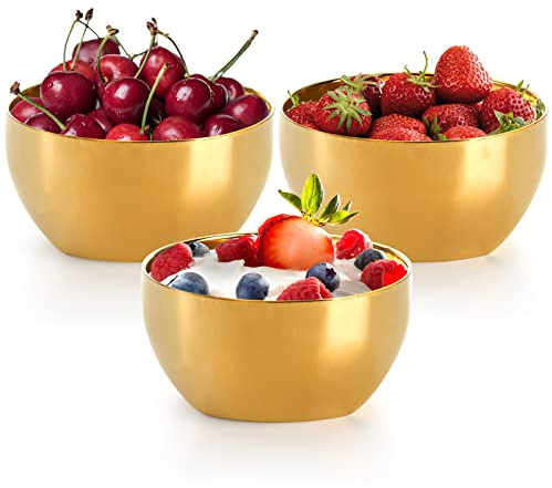 Cedilis 3 Pack Decorative Gold Bowl, 400ml Stainless Steel Bowl, Small Serving Bowls, Double-Walled Insulated Snack Bowls for Rice, Dessert, Ice Cream, Candy, Pasta, Dishwasher Safe.