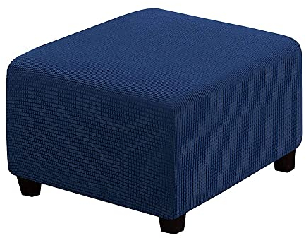 Highdi Jacquard Ottomane Schonbezug Hockerbezug, Hocker Hussen für Quadratische Fußhocker, Stretch Bezug Ottomane Abdeckung Überzug Hocker Protector Waschbar Hockerabdeckung (M,Navy blau)
