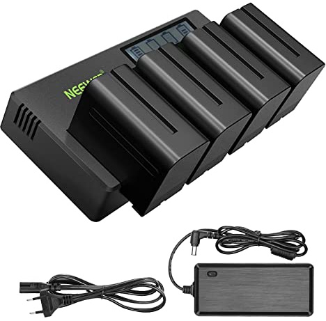 NEEWER 4er Pack 7,4V 6600mAh NP-F970 Ersatzbatterien mit 4 Kanaligem Ladegerät und Netzteil, kompatibel mit NP-F550/750/770/970 FM500H QM71D QM91D, Feldmonitor, Videoleuchte