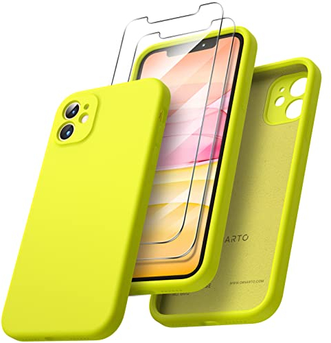 ORNARTO Compatible with iPhone 11 Case 6.1 inch, with 2 Screen Protector Liquid Silicone Gel Rubber Cover [Square Edge] [Full Body] Shockproof Protective Phone Case for iPhone 11-Fluorescent Yellow