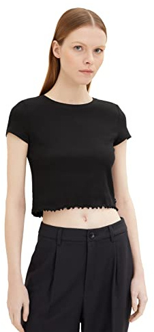 TOM TAILOR Denim Damen 1035865 Cropped Ripp T-Shirt Mit Bio-Baumwolle, 14482 - Deep Black, M EU