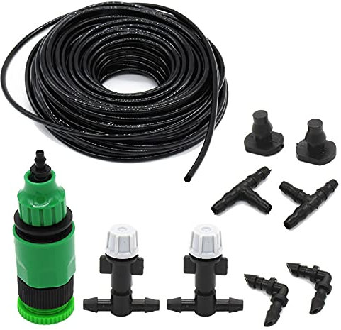 XINNUO Mister Kühlsystem-Kit Nebelbewässerungssystem mit automatischer Wasserdüse 10 m PVC-Schlauch Sprühkopf 4/7 mm T-Stück Sommerkühlgeräte