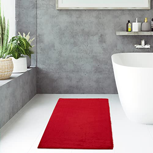 payé Badezimmerteppich Hochflor Bad - Rot - 80x150cm - kuschelig weich - waschbar - Badematte Wasserfest rutschfest Dekoration - Deko Teppich Badvorleger