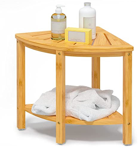 Tabouret de Douche d Angle Bois, Banc de Douche Bambou Tabouret de Salle de Bain étanche avec étagère de Rangement Banc en Bois pour Salle de Bain, Spa, intérieur et extérieur