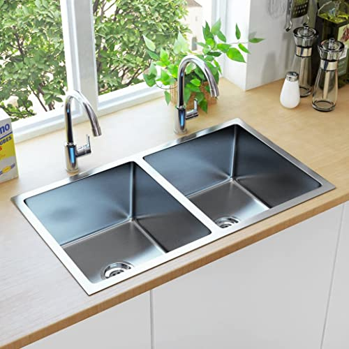 WIFESE Handgemachte Einbauspüle 76x44x20 cm Extra Tiefes Doppelbecken Design Küchenspüle Spülbecken Küche Küchenspülen Spülen Waschbecken Küche Spültisch Kitchen Sink Küche mit Sieb Edelstahl