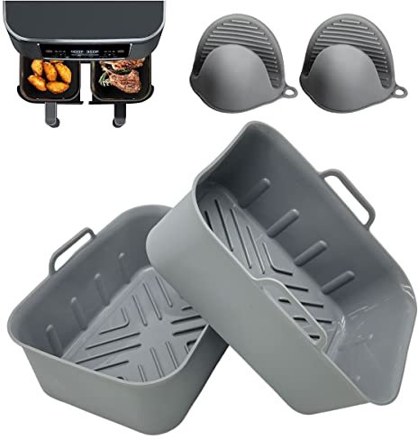 Rollay Large Silicone Air Fryer Liners for Ninja Dual Air fryer AF400UK, AF451UK & AF300UK with Silicone Mitts, Reusable Air Fryer Silicone Liner & Accessories for Vortex/Salter/Tower (4PCS Set)