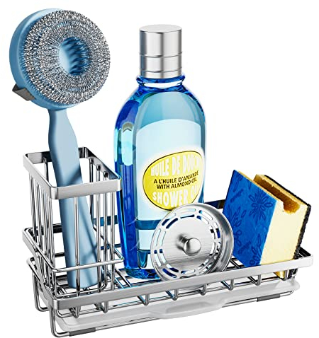 SWTYMIKI Sink Caddy, Kitchen Sponge Holder + Dish Brush Holder for Kitchen Sink, Sink Organizer with Drip Tray for Countertop, Stainless Steel Rustproof - Silver