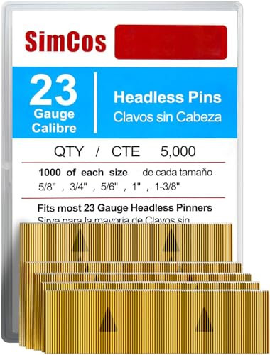 SimCos 23 Gauge Pinner Nails (5/8,3/4,5/6,1,1-3/8) Assorted 5 Sizes' Headless Pin Nails for 23 GA Pneumatic or Electric Pinner or pin Gun,Project Pack (5000)
