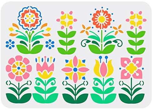 FINGERINSPIRE Flower Border Stencil 21x29.7cm Wiederverwendbare Blumenmuster Wandschablone DIY Frühling Blumenmalerei Schablone Abstrakte Volksblumen Schablone für Malerei auf Holz, Papier und Möbel