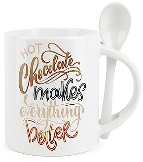Hot Chocolate Mug and Spoon Set - Hot Chocolate Makes Everything Better - Ceramic White Coffee/Tea Mug with Spoon in Handle