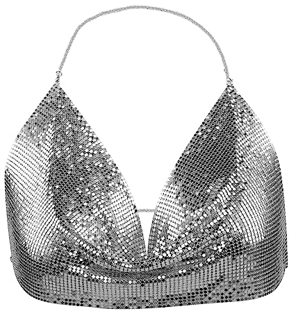 Pailletten-Top mit Neckholder, Paillett Neckholder Weste, Damen Halter Crop-Tops Tief V-Ausschnitt, Glitzer-BH für Salsa, Bauchtanz, Boho, Festival, Club, Tribal-Top, Kostüm