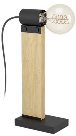 EGLO Tischlampe Bailrigg, rechteckige Tischleuchte, FSC100HB, Wohnzimmerlampe aus Holz in Natur und Metall in Schwarz, Nachttischlampe mit E27 Fassung