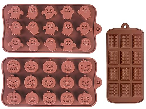 Silikonform Halloween 3 Stück, RUNEAY Pralinenform Silikon Schokoladenform Halloween Süßigkeiten, Silikonform Kürbis Geister Halloween Bakcform Silikon für Süßigkeiten, Schokolade, Gelee, Tortendeko