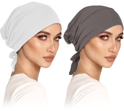 2er Turban Damen Frauen Undercap Hijab Cap Unterschal Hijab Klassische Slouch Beanie Mütze Islamische Muslimische mit Tie Back Solid Color Hijab Mütze Kopfbedeckung Kopftuch (Weiß, Dunkelgrau)
