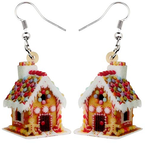 LONYOO Acryl Weihnachten Lebkuchenhaus Ohrringe Baumeln Anime Süßigkeiten Haus Schmuck Weihnachten Geschenke für Frauen Mädchen