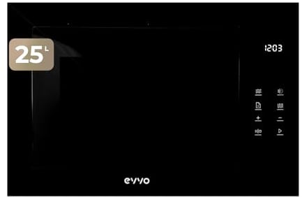 EVVO Microondas integrable Mi45 Glass Bl, 25L de Capacidad, Grill 1200W, Puerta y Marcos Efecto Brillante, Multifunción, 8 Funciones, Temporizador 60 Minutos, Display Digital (Acabado Negro Cristral)