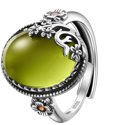 LEGENTLISUR Anillo Esmeralda Oliva Plata de Ley 925 Anillo para Mujer Anillo de Dedo de Piedra Preciosa Vintage Anillo Ajustable Plata Primera Ley Mujer Joyería para Mujeres(Verde Oliva)