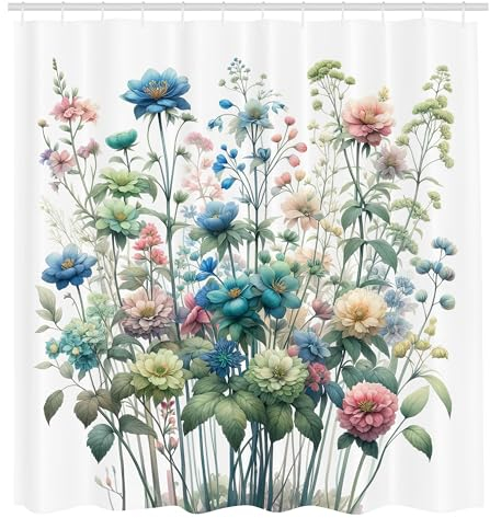 ABAKUHAUS Blumig Duschvorhang, Gartenstraußkomposition von träumerischen Pfingstblumen mit grünen Blättern, Stoffliches Gewebe Badezimmerdekorationsset mit Haken, 175 x 200 cm, Weiß Türkis Lachs