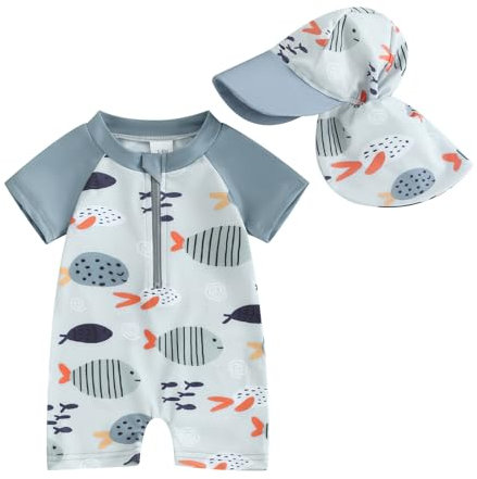 XIXIMAON Maillot de Bain Bébé Garçon Anti-UV Combinaison Natation Manches Longues et Chapeau de Bain Ensemble Piscine Plage Plongée Surf (Gris Bleu, 3-6 Months)