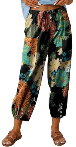 ABYOVRT Sommerhose Damen Leicht 7/8 Leinenhose Loose Freizeithose Frauen Weite Haremshose Taille Straight Bein Hose Stoffhose mit Taschen und Tunnelzug,S-XXL
