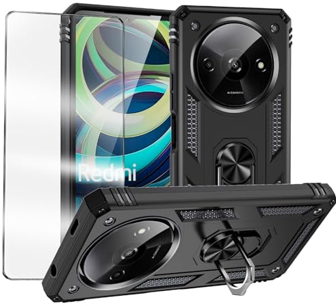 MQERYBV Coque pour Xiaomi Redmi A3, avec 1 Pièces Verre Trempé, Support 360° Rotatif Militaire PC Dur Renforcée Armor Antichoc Bumper Housse Etui, Noir