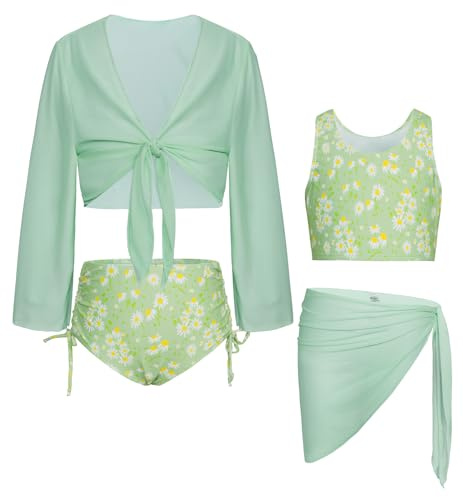 GRACE KARIN Kinder Schwimmanzug Bikini Set Zum Binden Vorne und Kimono Überzug Bademode Grünes-Gänseblümchen 14 Jahre