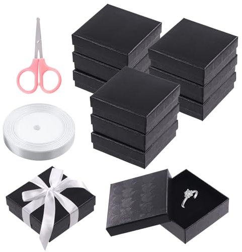 Swpeet 12Pcs Black 3.5 x 3.5 x 1.2 Inch Fan Shaped Cardboard Jewelry Gift Boxes with Scissors and Polyester Ribbon Assortment Kit, Necklace Earring Bracelet Boxes Gift Case for Jewelry Storage