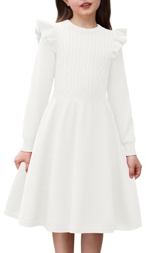 Arshiner Strickkleid Mädchen Flatter langärmel Pullover Kleid Herbst Winter Langarmkleid Kinder Festliches Kleid Weiß 14/ 10-11 Jahre