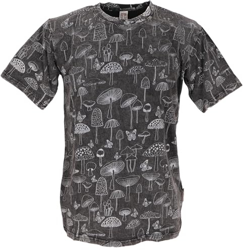 Tibet & Buddhist Art T-Shirt, Pilz Stonewash Baumwolle, Herren, gelb | Baumwolle, handbedruckt, all-over Siebdruck, normaler Schnitt, bequem