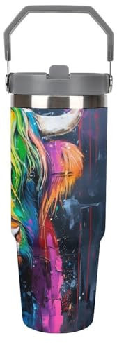 3D Printing Highland Cow Thermal Travel Mug - Stainless Steel - Keeps Drinks Hot Or Cold - Leakproof Design with Straw 30oz