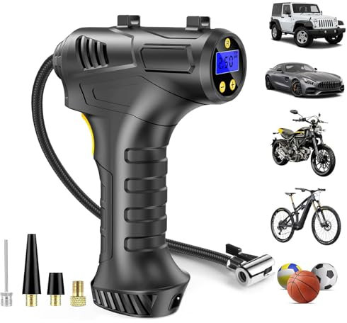 OXNSHEJW Tyre Inflator Air Compressor, Cordless Car Tyre Inflator, Portable Car Tyre Pump, 150PSI Electric Digital Tyre Inflator with LED Light 4 Nozzles for Car, Motorcycle, Bicycle