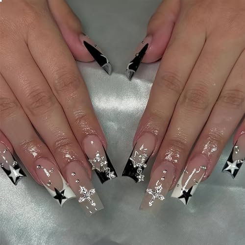 GlamRays 24 Pieces French Tip Press On Nails Medium Square False Nails 3D Star Cross Charm Acrylic Nails Squoval, Artificial, Cute False Nails for Women and Girls
