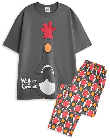 Vanilla Underground Wallace and Gromit Herren-Pyjama-Set, 2-teilig | Graue und rote Allover-Print-Unterteile mit langem Bein und kurzärmliges Nachtoberteil für Erwachsene